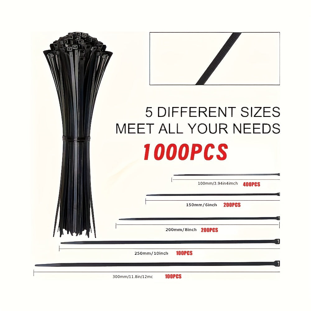 1000 Pack Black Nylon Cable Ties Assorted Sizes Water-Resistant UV-Resistant