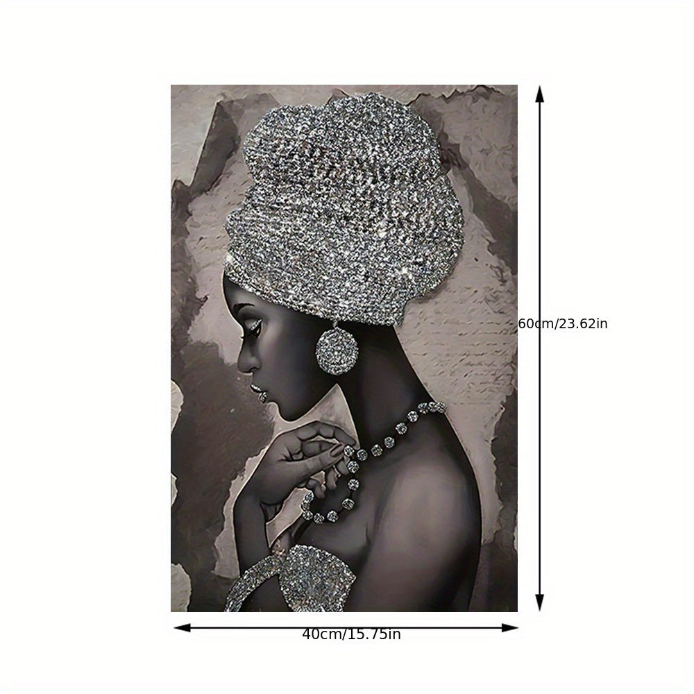 Abstract Canvas Wall Art Featuring Silvery Glitter Embroidered African Woman 40x60cm or 50x75cm