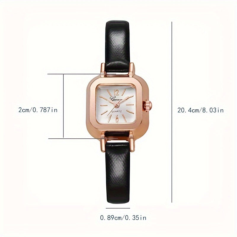 Women's Mini Square Quartz Watch with Faux Leather Strap White Dial Elegant Wristwatch