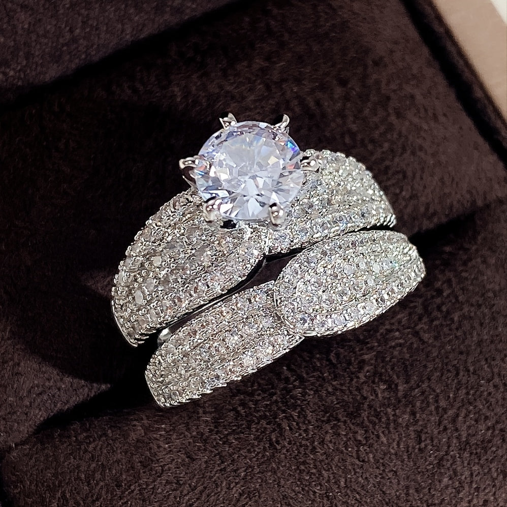 Set of 2 Silver Plated Zirconia Bridal Wedding Rings for Women Engagement Gifts