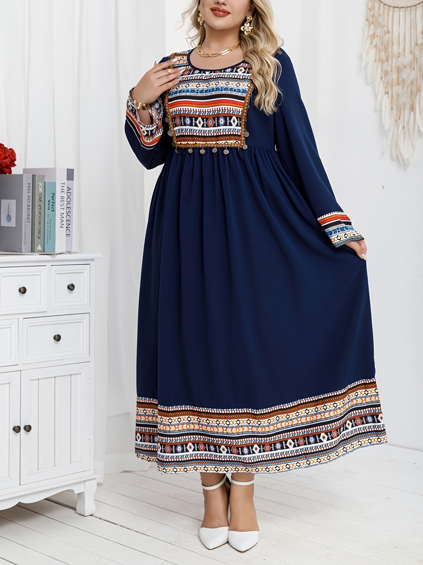 Women's Ethnic Style Printed Dress Plus Size Middle Eastern Directional