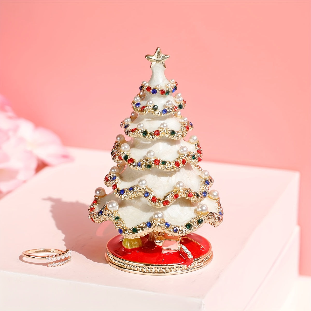 Painted Christmas Tree Jewelry Ornament Box for Holiday Gifts and Decorations