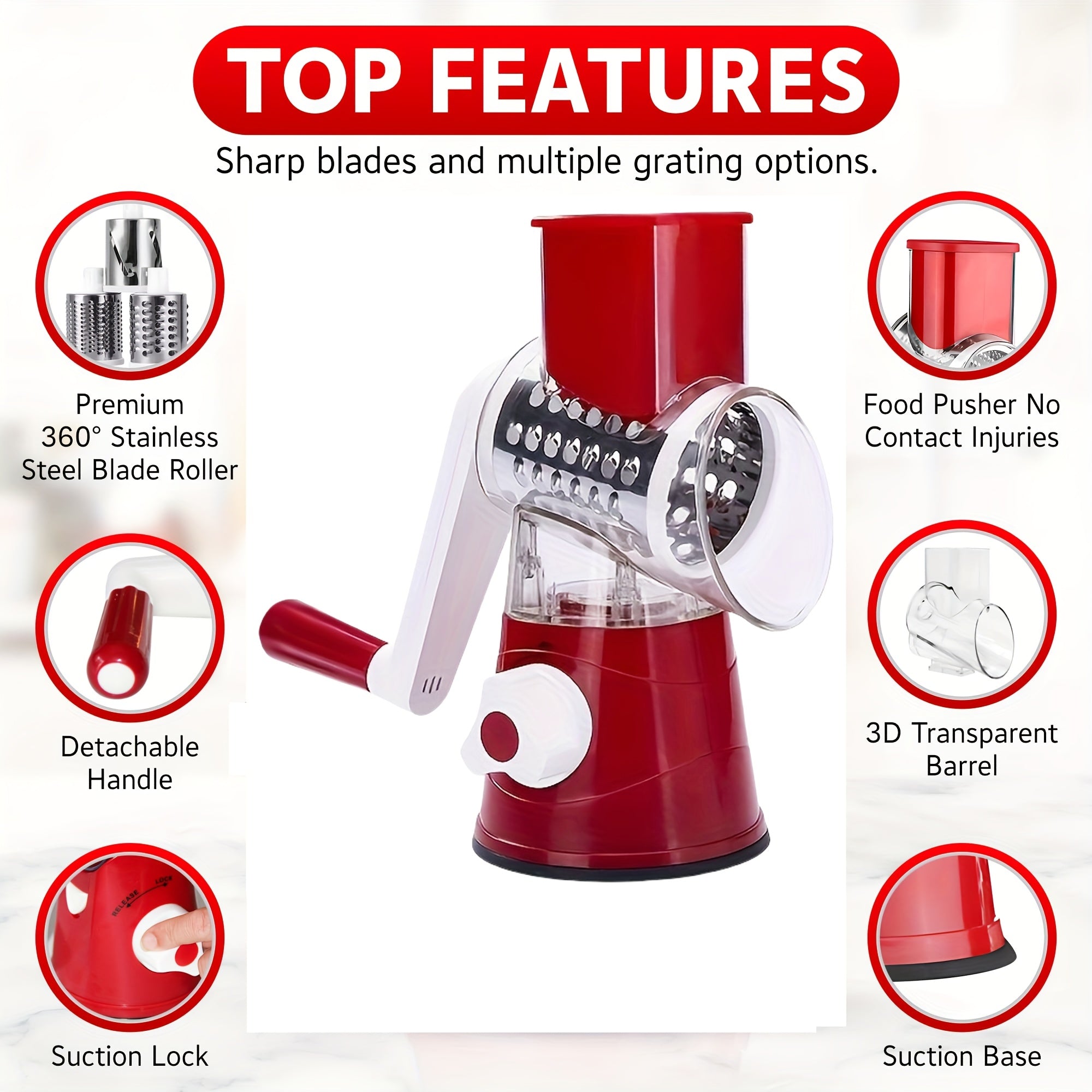 3-in-1 qoʻlda oziq-ovqat rejalashtiruvchi toʻplami, 3 ta pichoq bilan, pishloq, sabzavotlar, mevalar uchun, barabanli kesgich, oson tozalash