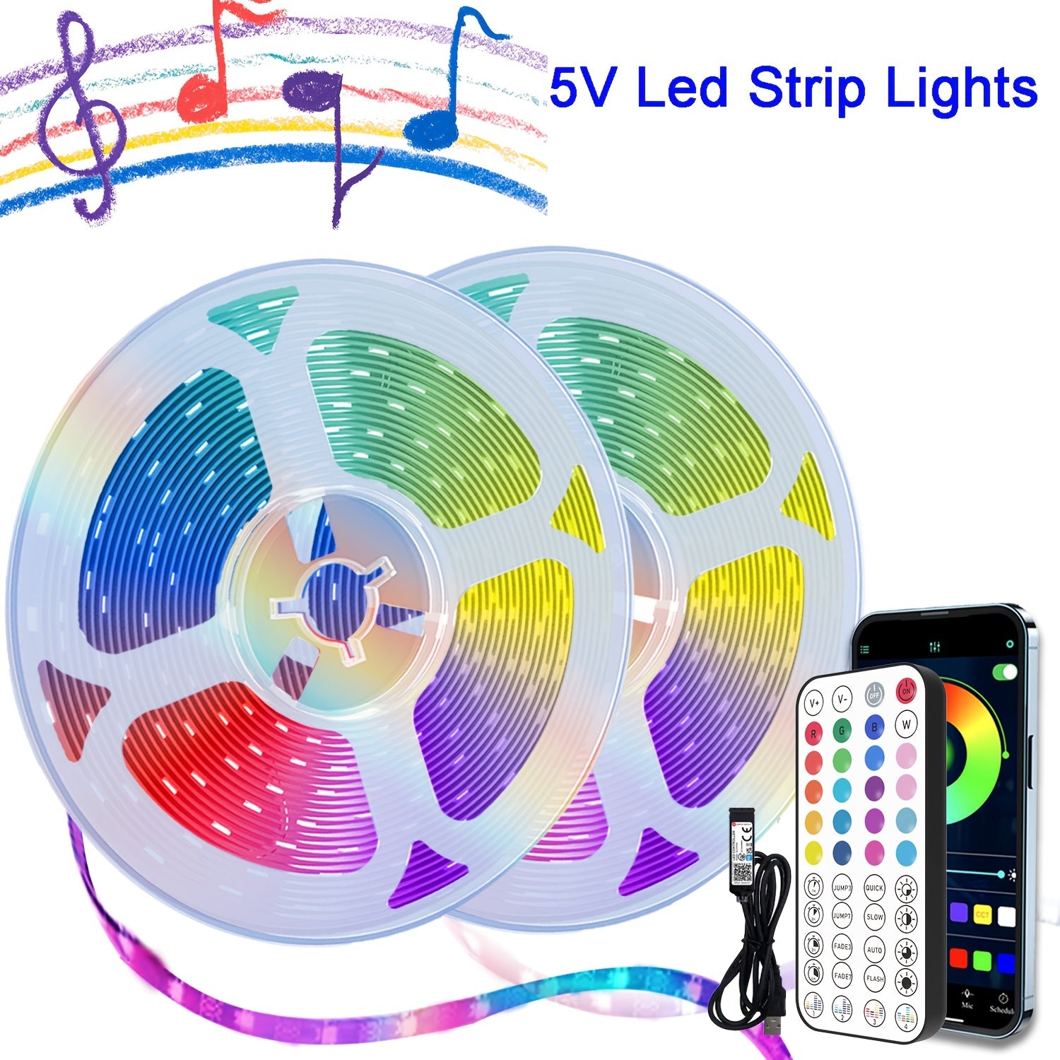 5V RGB LED Strip Lights with Remote Music Sync Multi-Color Night Light for Room Home Party