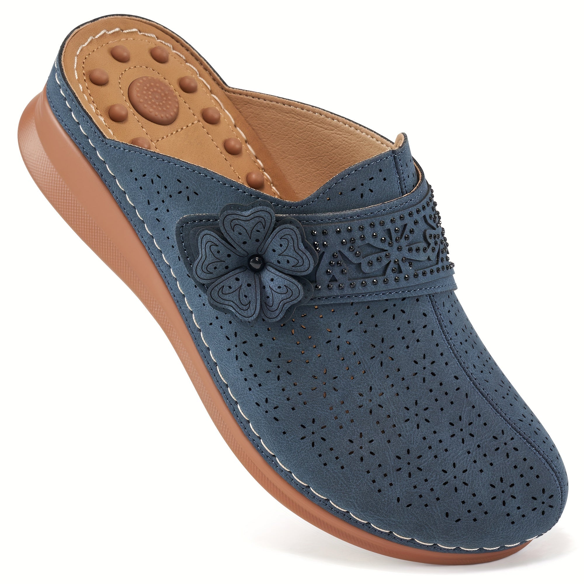 Women's Breathable Faux Leather Slip-On Mules with Floral Bow Beige Casual Shoes