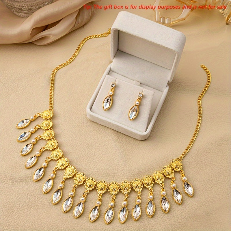 Vintage Boho-Chic Jewelry Set Rhinestone Faux Pearl Necklace Earrings Ring for Weddings and Events