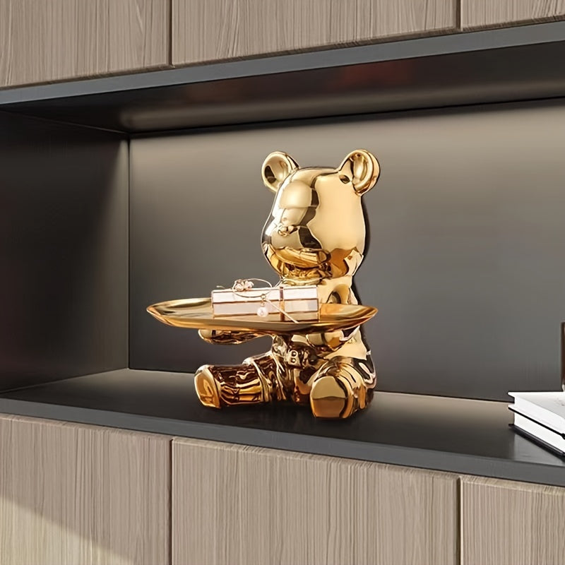 Ceramic Bear Figurine with Metal Tray Modern Home Decor Key Organizer