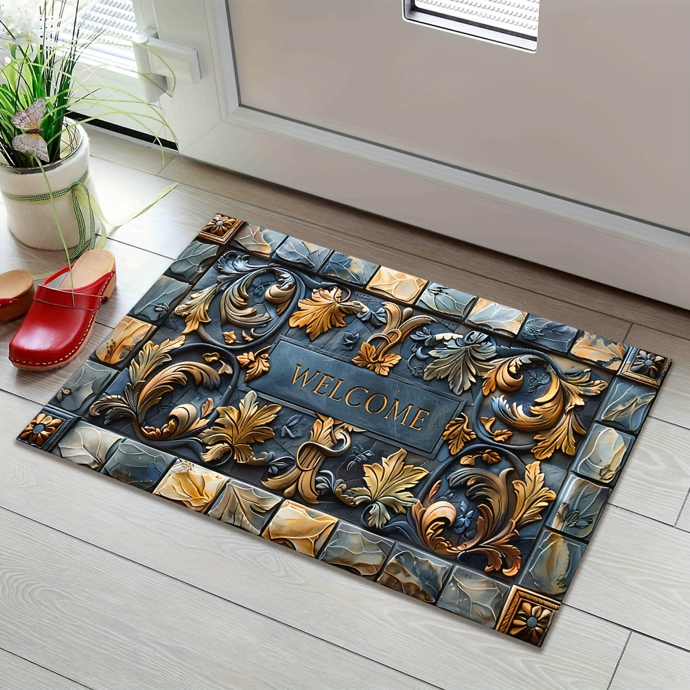 3D Stone Design Welcome Doormat Polyester Non-Slip Indoor Outdoor Rug