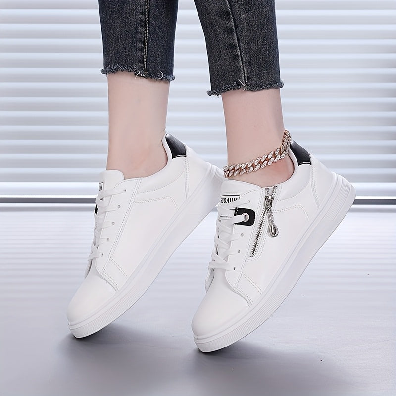 Ladies' Side Zipper Low-Top Flat Shoes, Comfortable Solid Color Walking Sneakers