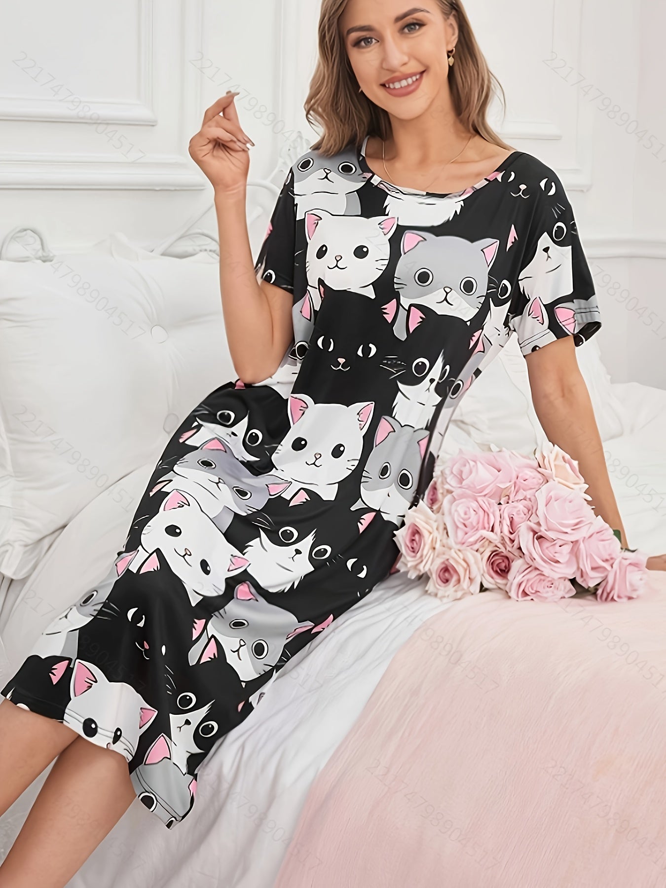 Women's Knee-Length Sleep Dress with Cute Cat Print Polyester Elastane All-Season
