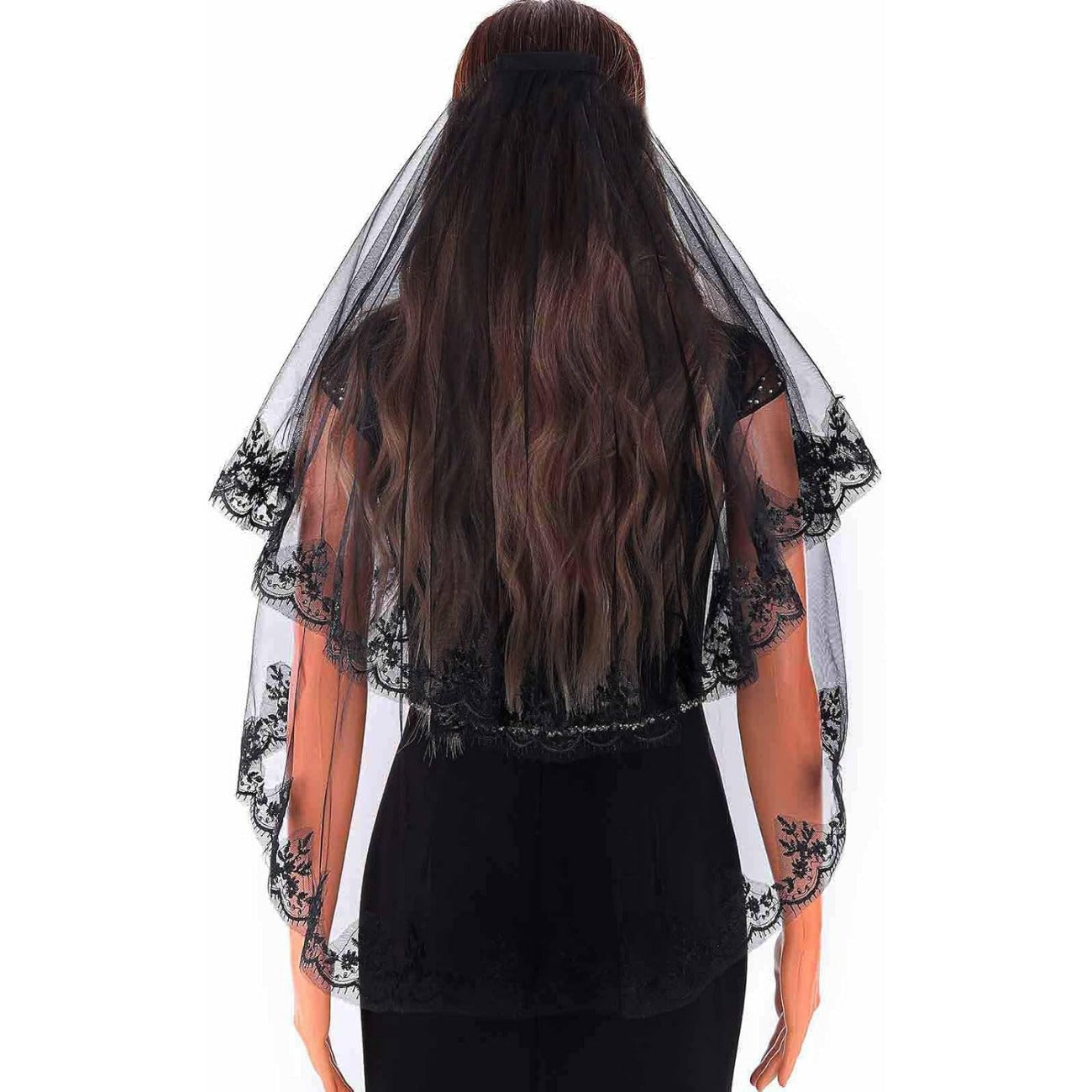 Black Lace Bridal Veil with Comb Fingertip and Long Length for Weddings and Occasions