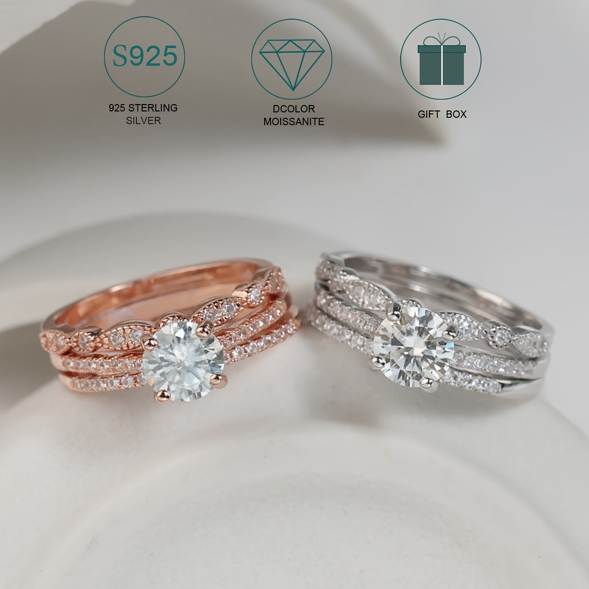 Sterling Silver Stacking Rings with Moissanite 1ct 2ct or 3ct for Engagement or Wedding