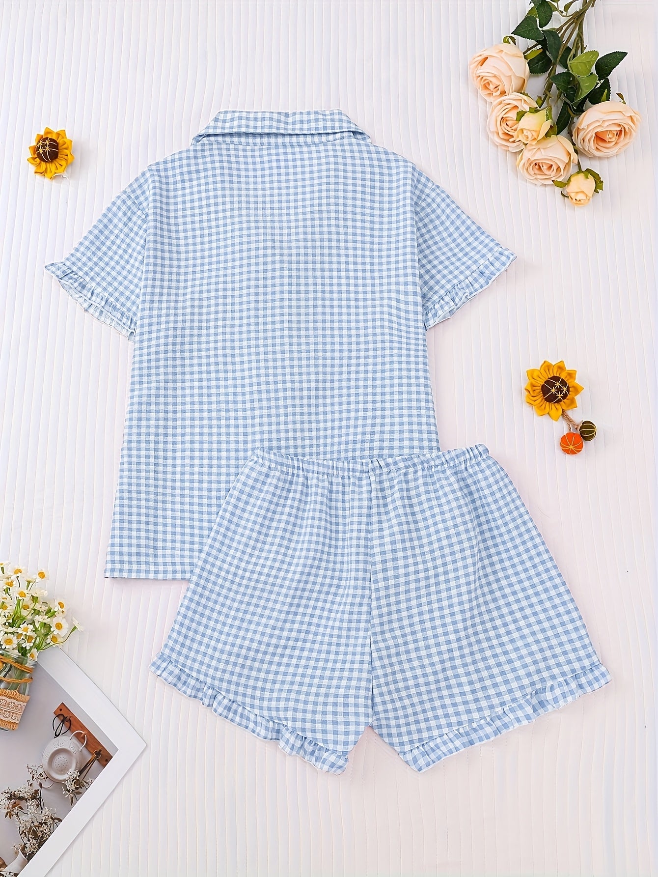 Plus Size Summer Pajama Set Ruffle Trim Short Sleeve Button-Up Checks