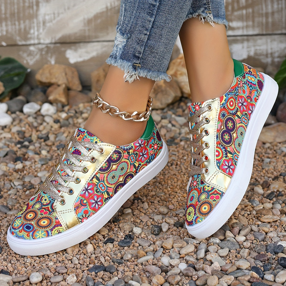 Plus Size Women's Fashion Sneakers Breathable Floral Print Low Tops