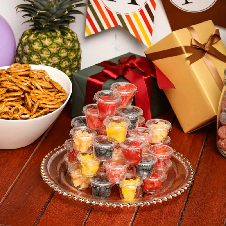 50 ta paket 2 oz plastik oziq-ovqat saqlash konteynerlari, qopqog'lari bilan, qayta ishlatiladigan dumaloq stakanlar