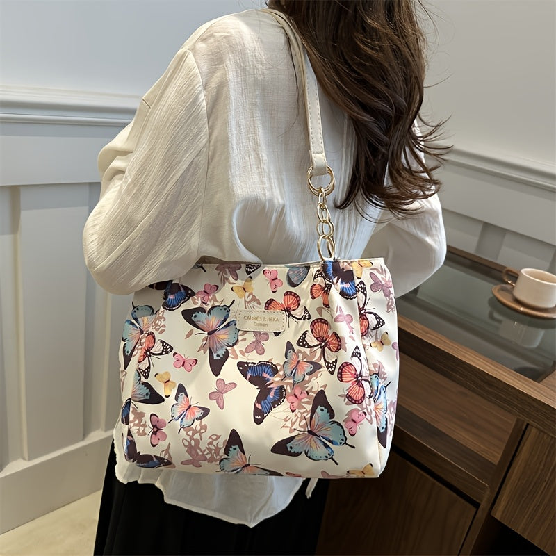 Women's Canvas Tote Bag with Floral Butterfly Design for Daily Use and Travel