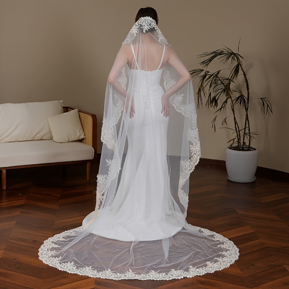 Long Tulle Wedding Veil with Champagne Lace Trim Bridal Accessory Elegant Chapel Length