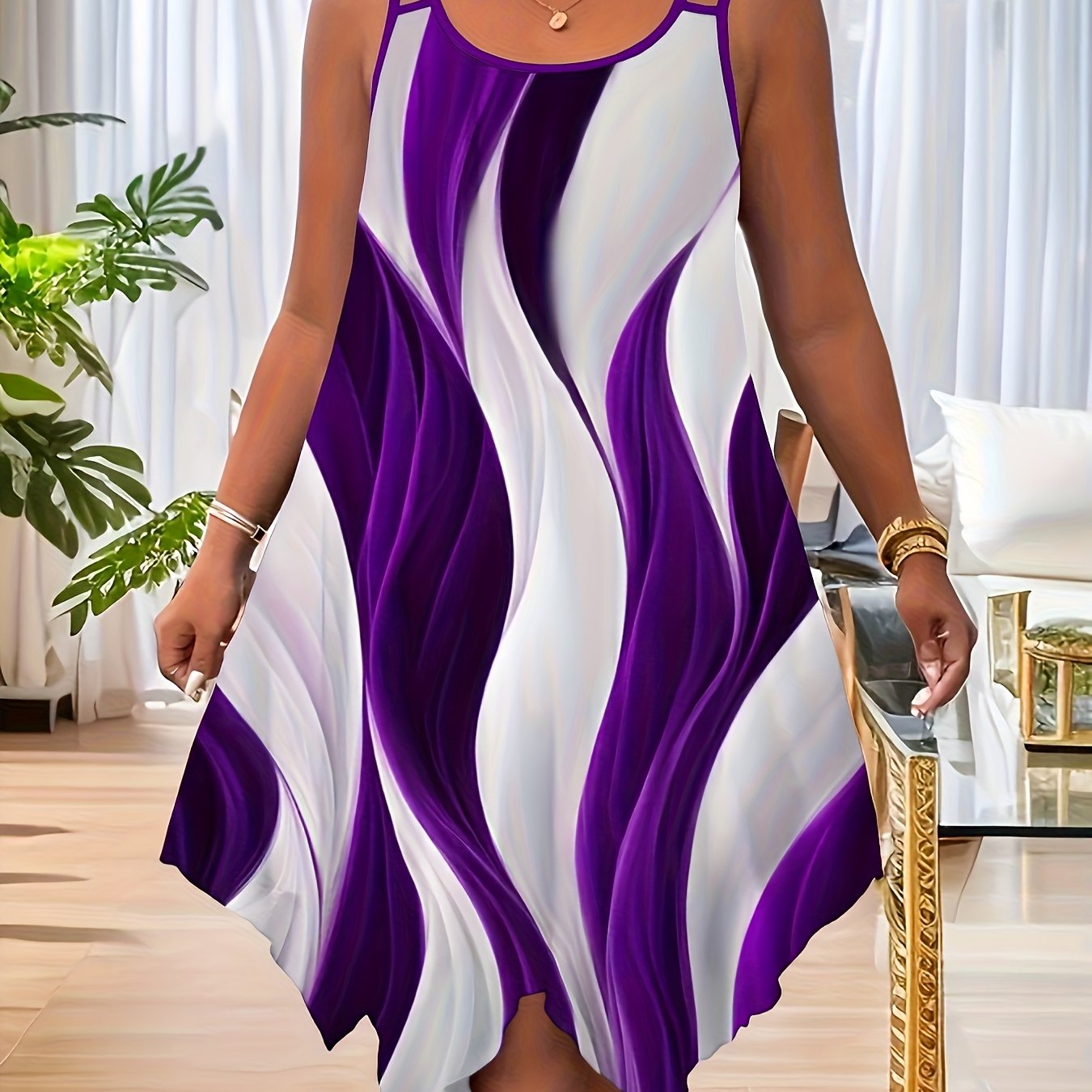 Women's Knit Off-Shoulder Dress with Asymmetrical Hem in Purple and White