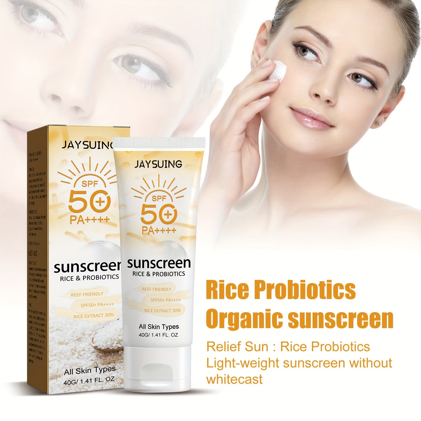SPF50+ PA++++ Rice and Probiotics Sunscreen Cream 40g Lightweight Hydrating Face Body