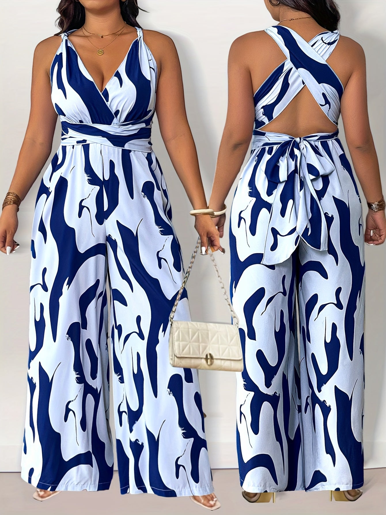 Plus Size Women's Printed Tie-Waist Backless Jumpsuit