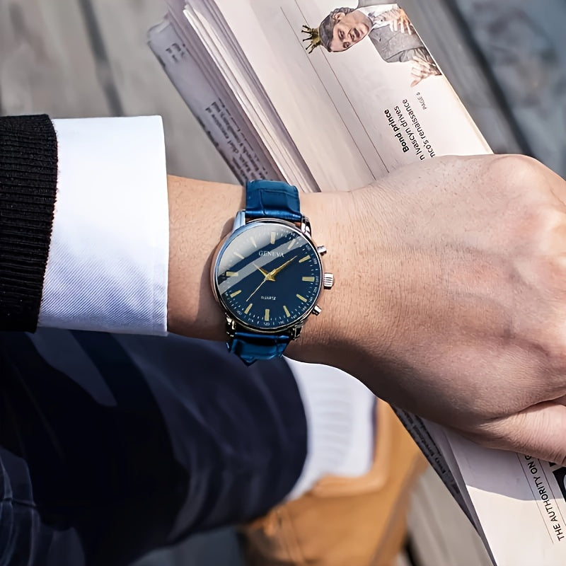 Reloj de cuarzo para hombre con esfera circular, correa de cuero sintético, caja duradera de aleación de zinc