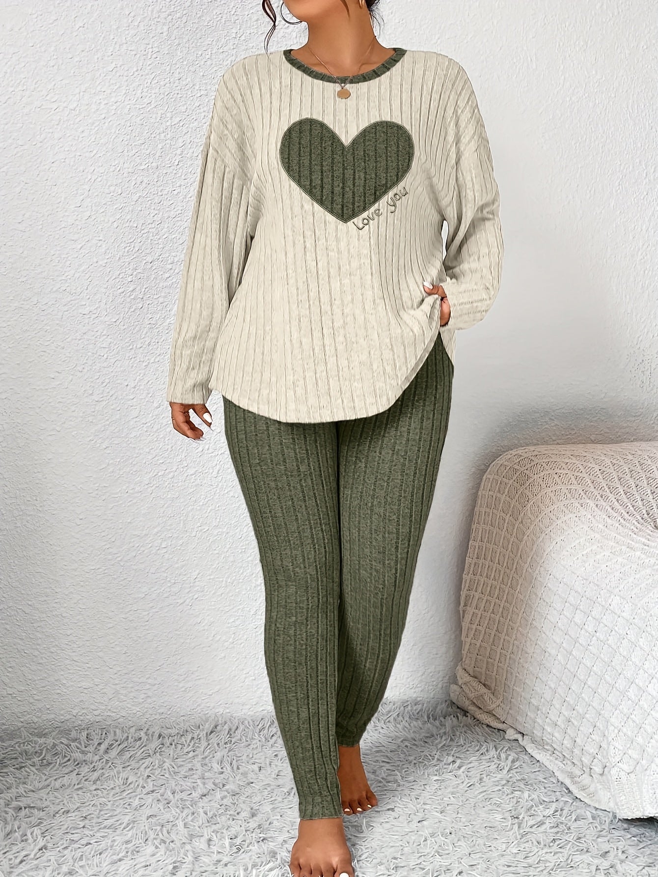 Plus Size Heart Fitted Long Sleeve and Long Pants Loungewear Set
