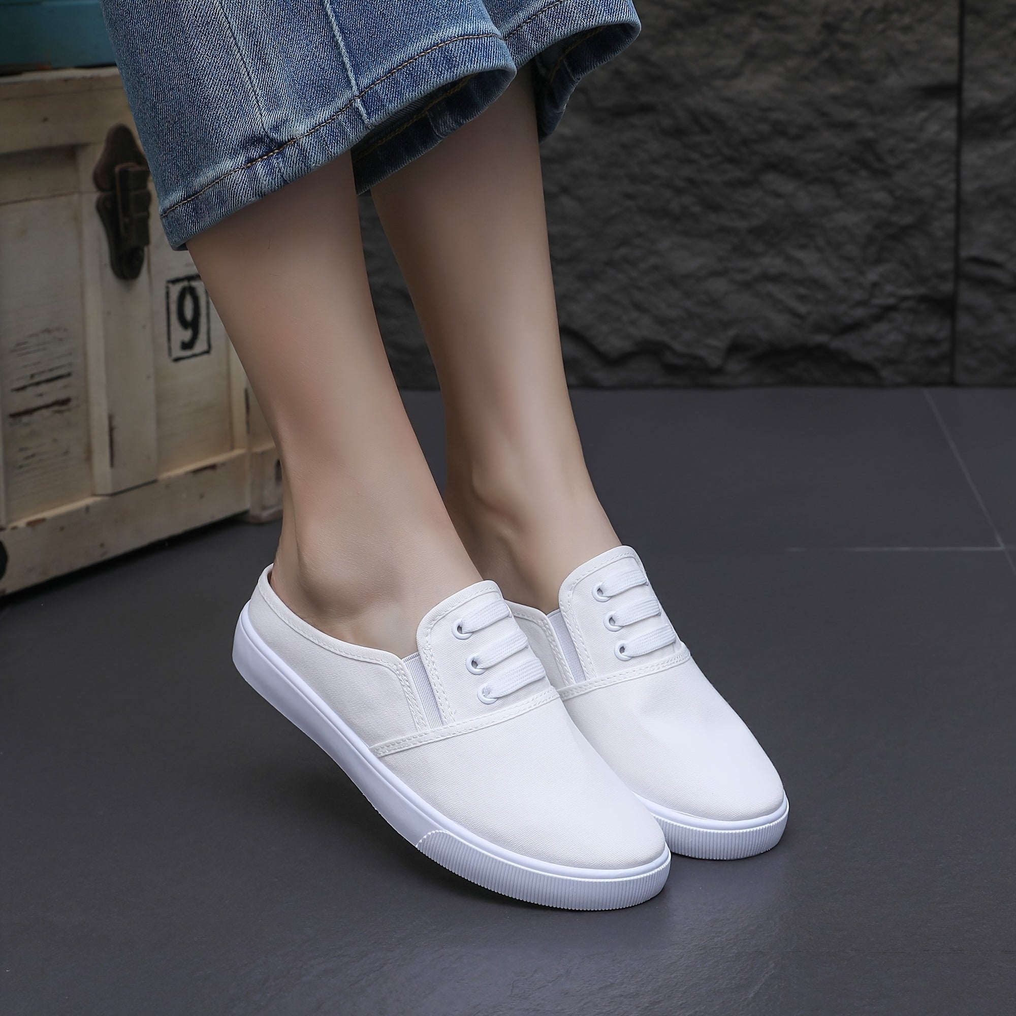 Women's Casual Slip-On Sneakers Breathable Fabric Black White Lightweight