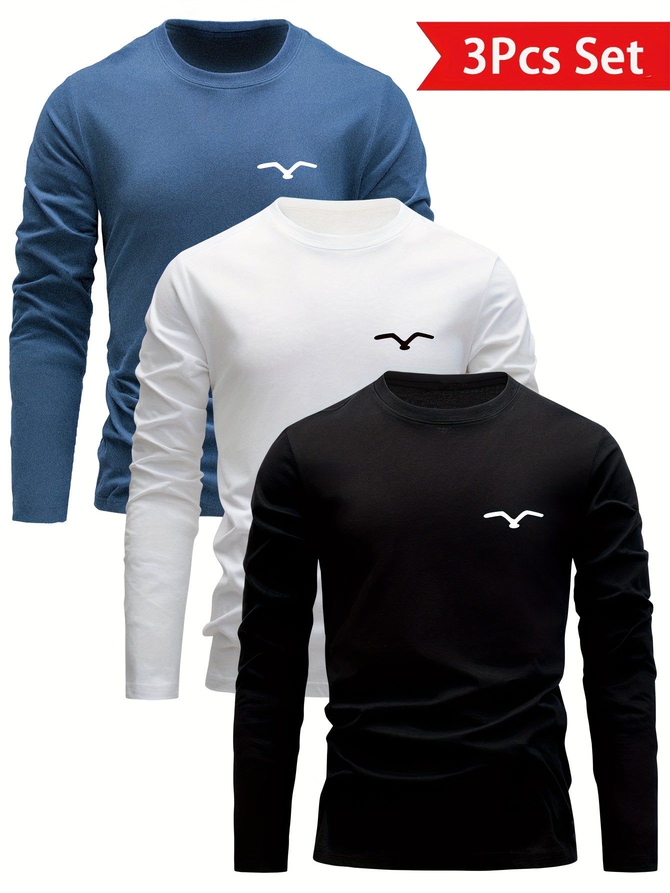 3-Pack Men's Cotton Long Sleeve T-Shirts with Geometric Bird Embroidery Crew Neck Stretch Fabric Autumn Winter