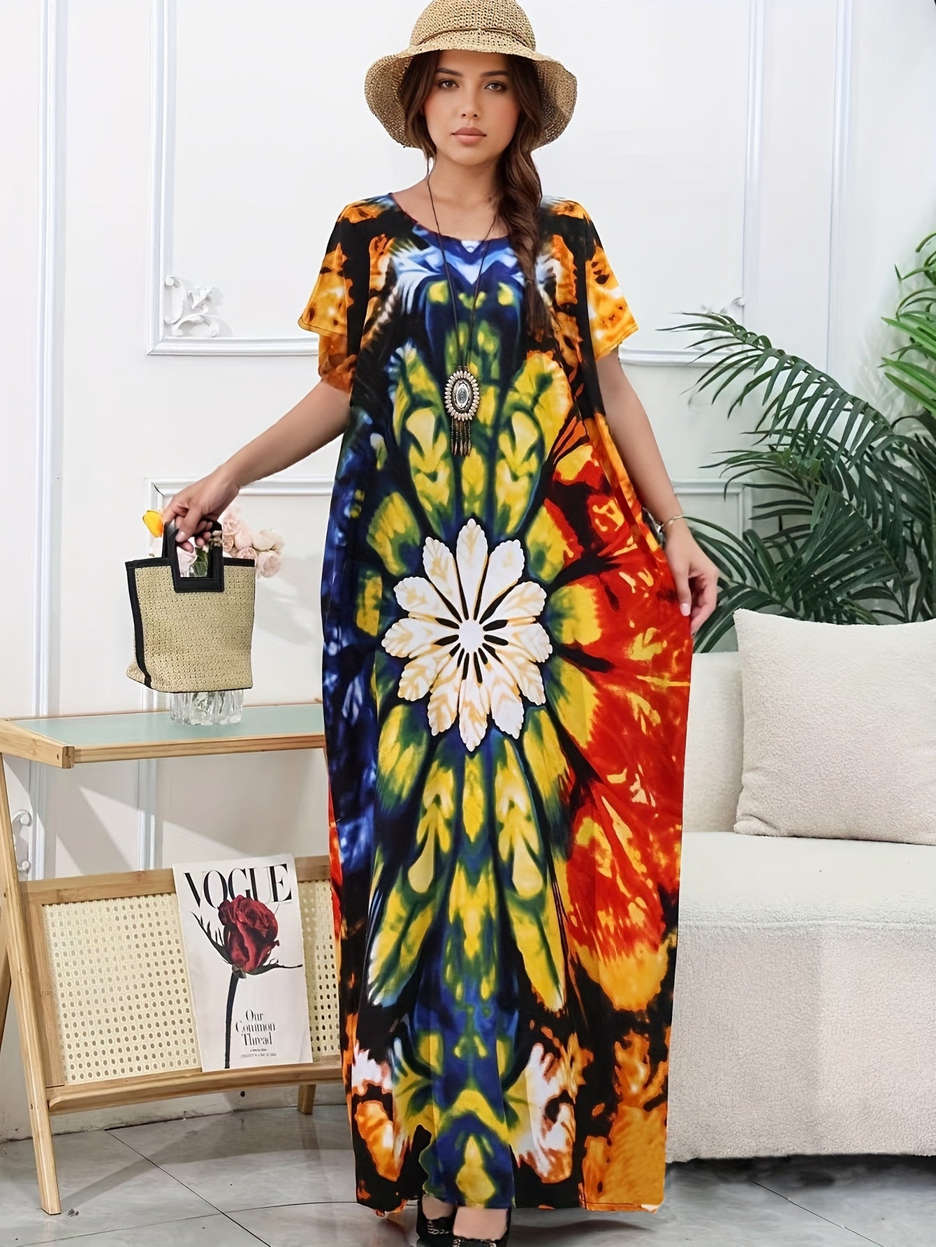 Vestido largo bohemio de girasoles para mujer, ajuste suelto, para verano y playa