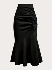 Black Mermaid Skirt with Ruffled Hem for All Occasions Polyester Knit Fabric