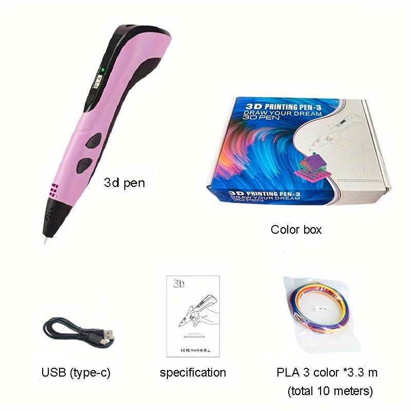 Kids 3D Printing Pen Digital Display USB-Powered Pink Black Creative Art Gift
