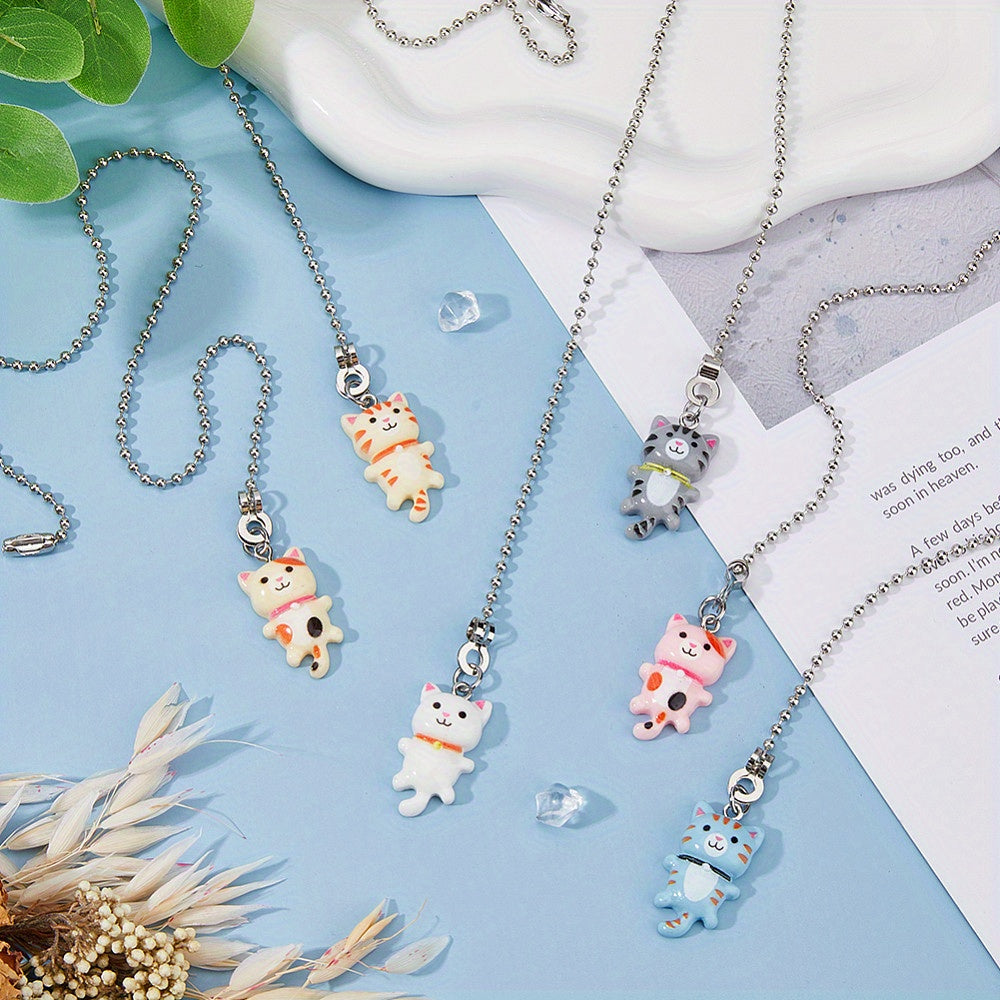 6pc Cat-Shaped Resin Ceiling Fan Pull Chain Extenders with Stainless Steel Ball Chains in Mixed Colors 35cm