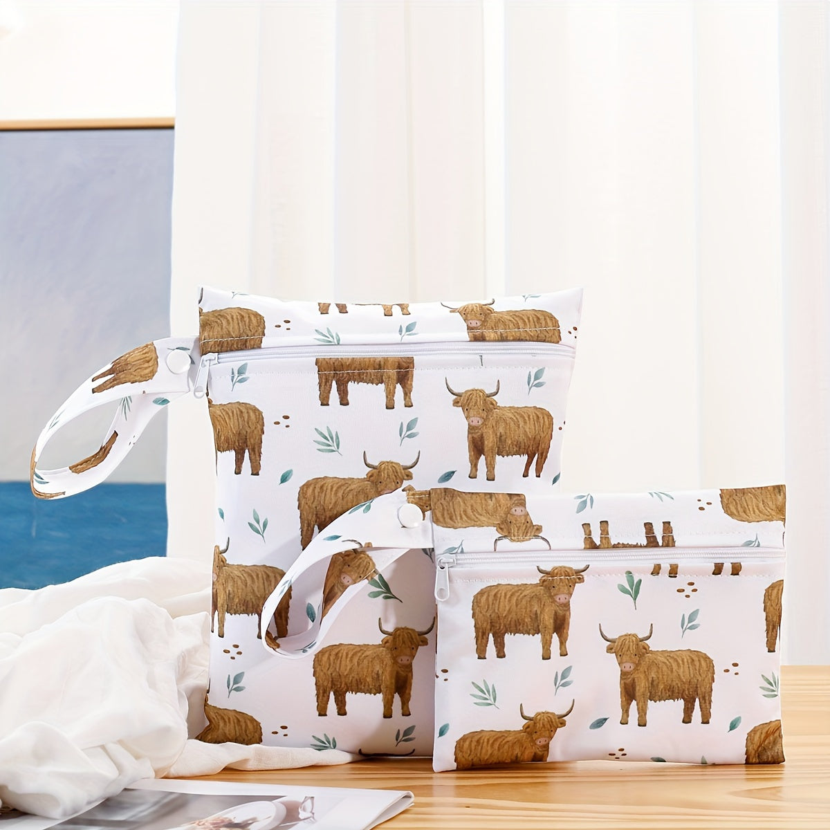 Набор из 2 милых сумок для подгузников с принтом животных с ручками и молниями - водонепроницаемые, удобное хранение для детских принадлежностей