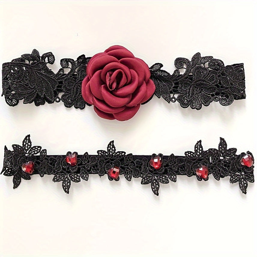 Bridal Garter Set with Floral Lace Black and White Wedding Garters