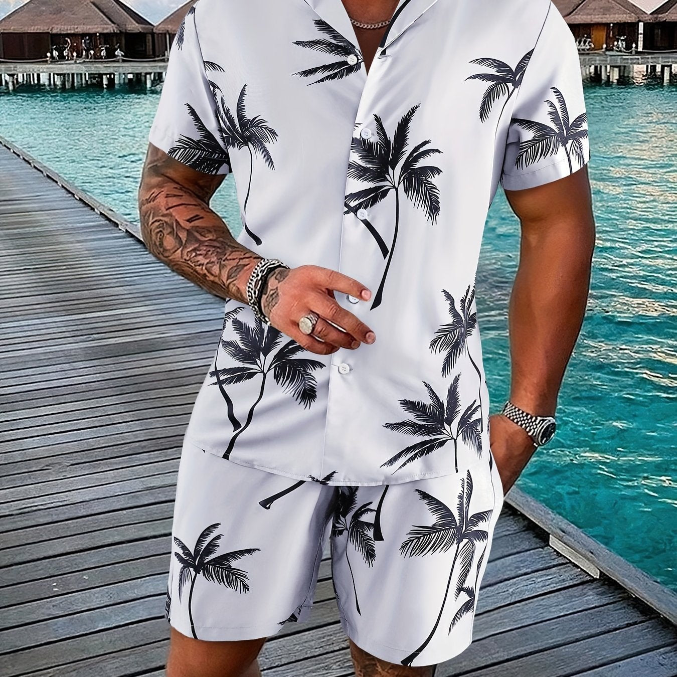 Conjunto de pijama de verano tropical con estampado de palmeras para hombre, camisa de manga corta de poliéster y pantalones cortos con cordón