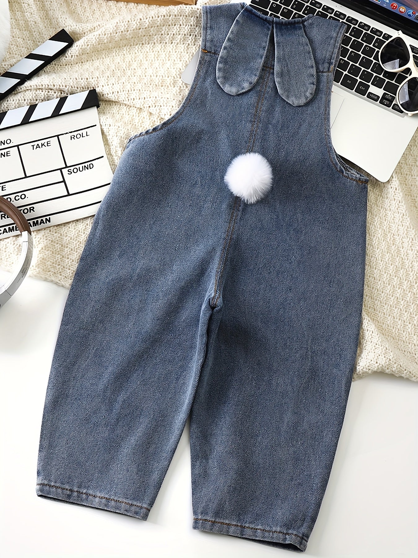 Kids Light Blue Denim Overalls with Rabbit Ear Details Casual Loose Fit for Spring and Autumn