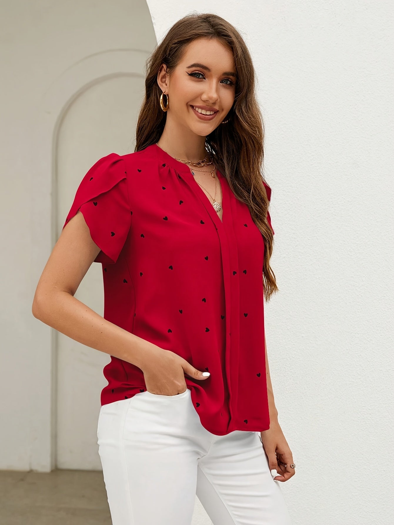 Women's Plus Size Light Blue Heart Print V-Neck Blouse Casual Summer Top