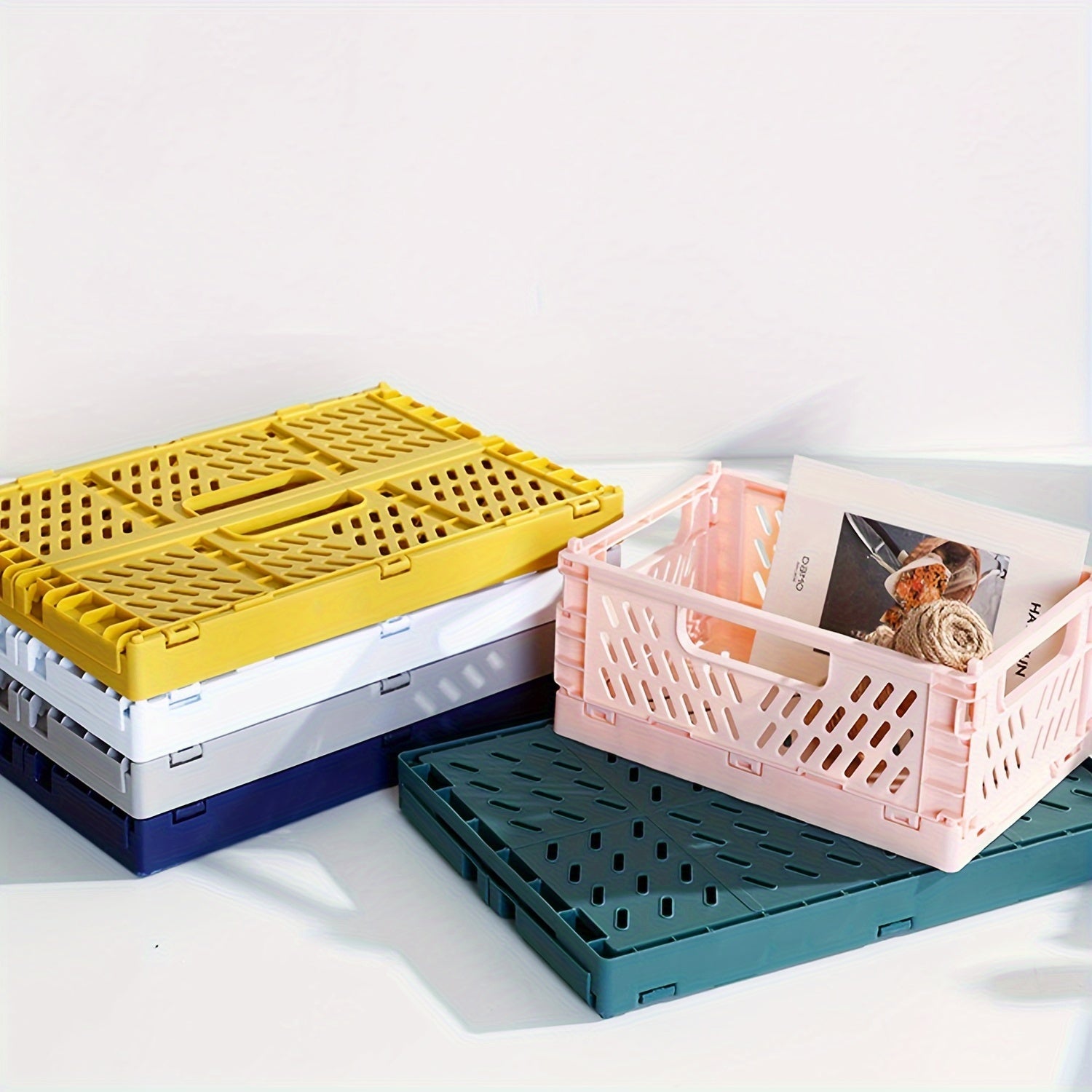 2-Pack Plastic Folding Storage Baskets with Handles Stackable Organizers for Home Mixed Color