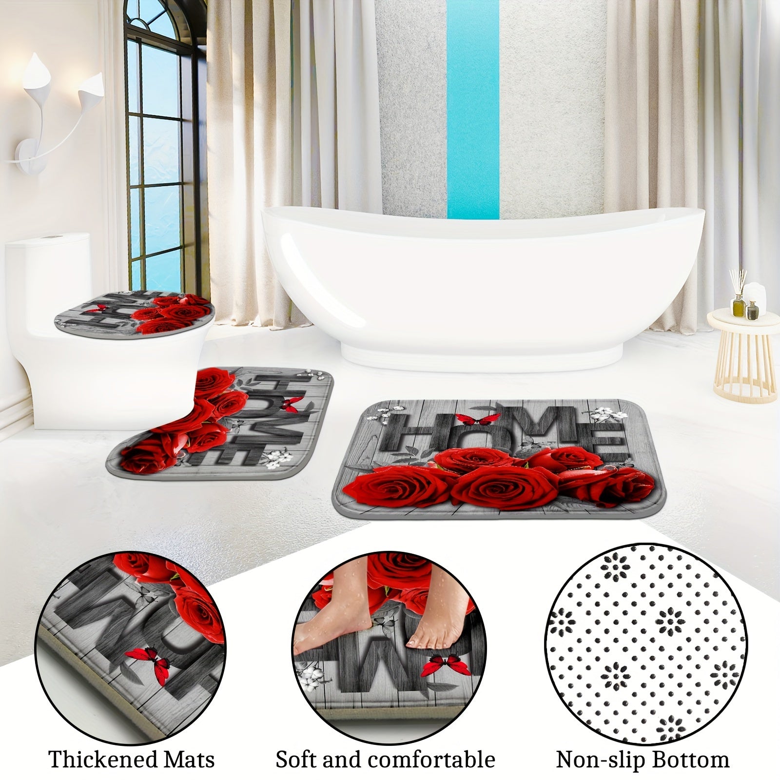 Romantic Rose and Butterfly Polyester Bathroom Set with Shower Curtain Non-Slip Mats Rug and Toilet Lid Cover