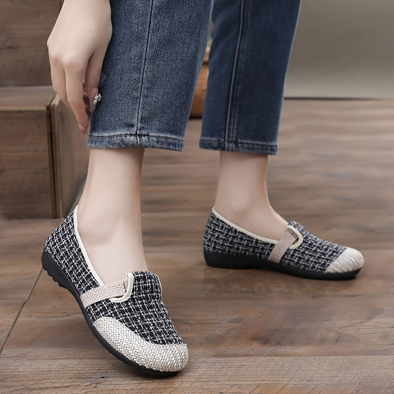 Women's Canvas Slip-On Sneakers with Geometric Pattern and Rubber Sole