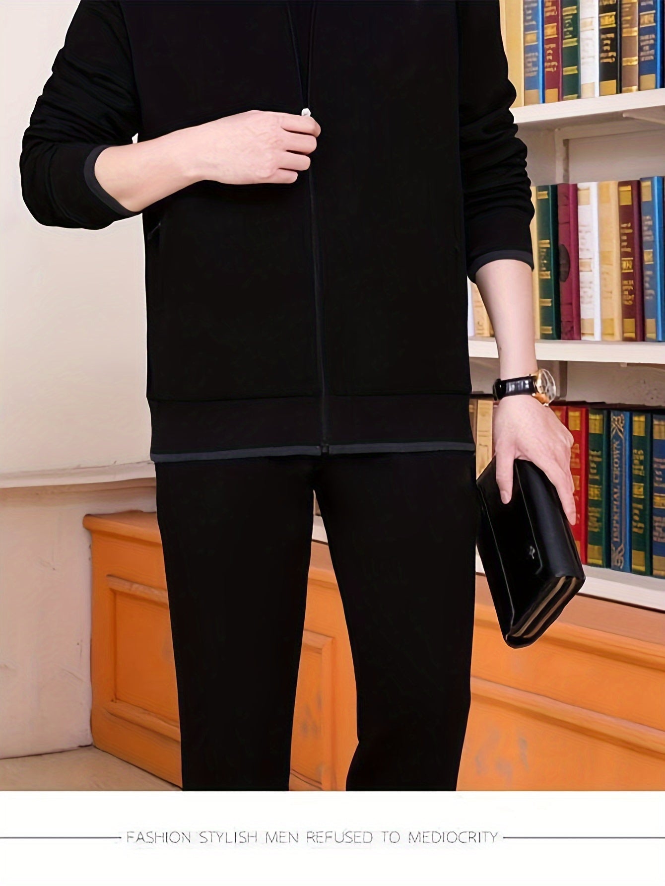 Men's Knit Tracksuit Set Solid Color Polyester Blend Autumn Winter Stretch Fit Zip Closure