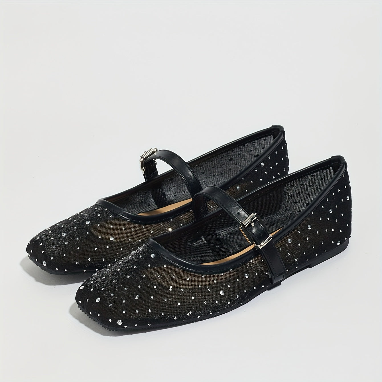 Zapatos planos de malla negra para mujer tipo Mary Jane con adornos de cristales