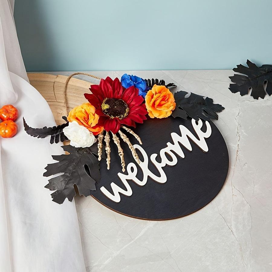 Wooden Halloween Door Sign Yellow Black Wreath Welcome Decoration