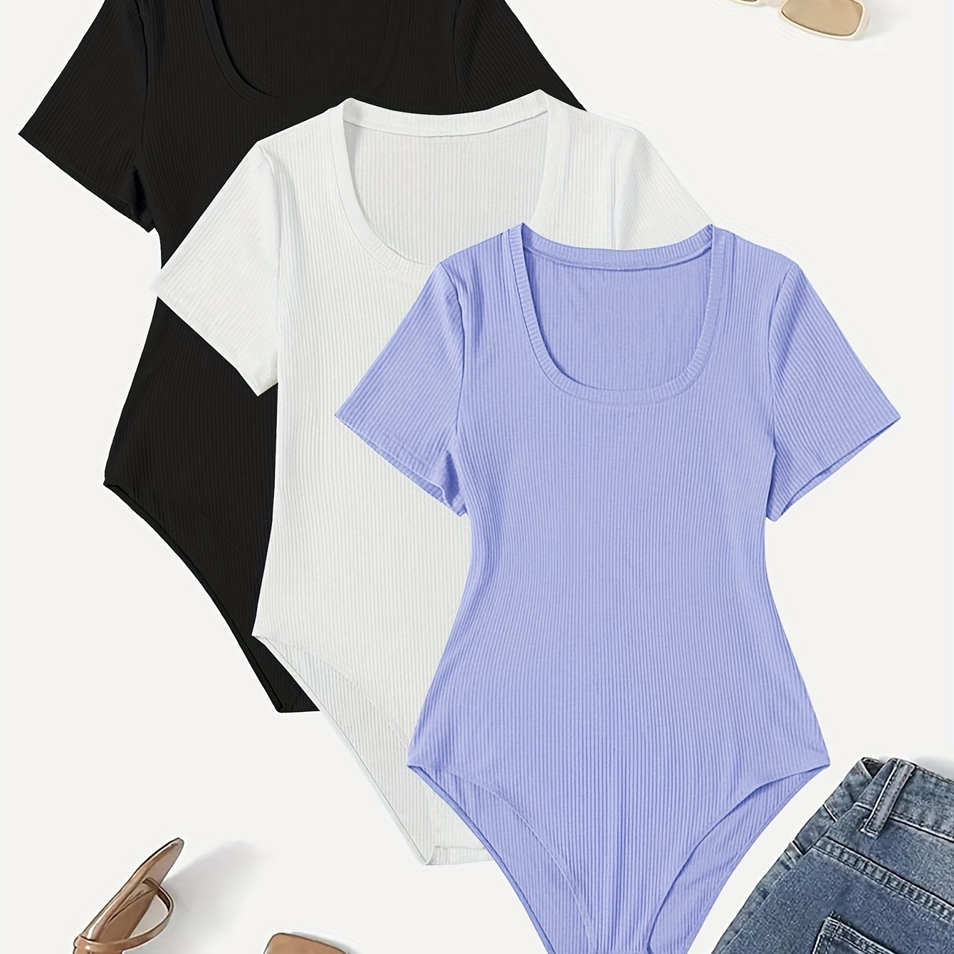 Ayollar uchun kengaytirilgan o'lchamli elastik bodysuitlar, bir rangli, kruj neck, qisqa qo'lli to'plam