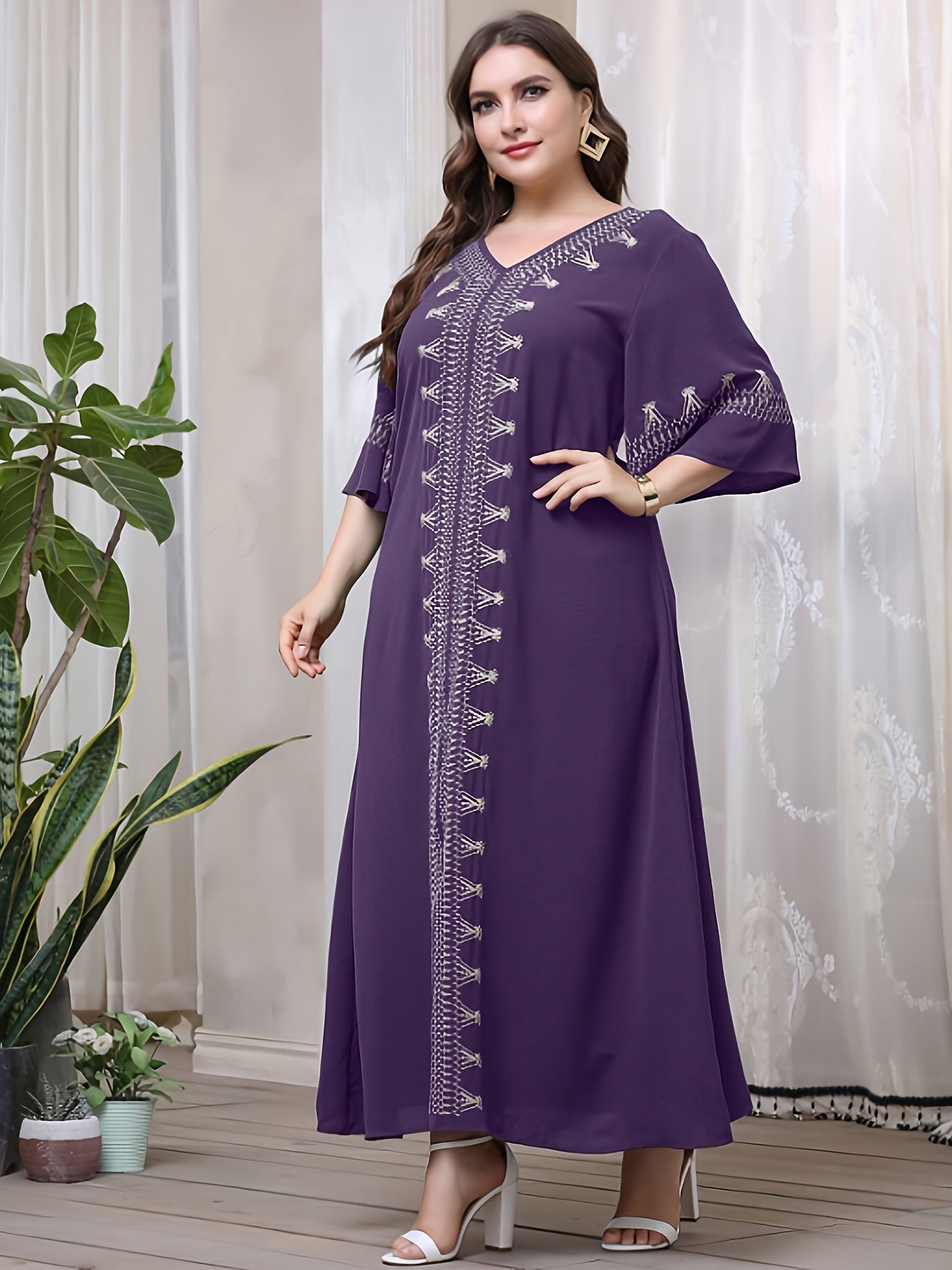 Plus Size Women's V-Neck Long Sleeve Casual Tribal Dress All-Season