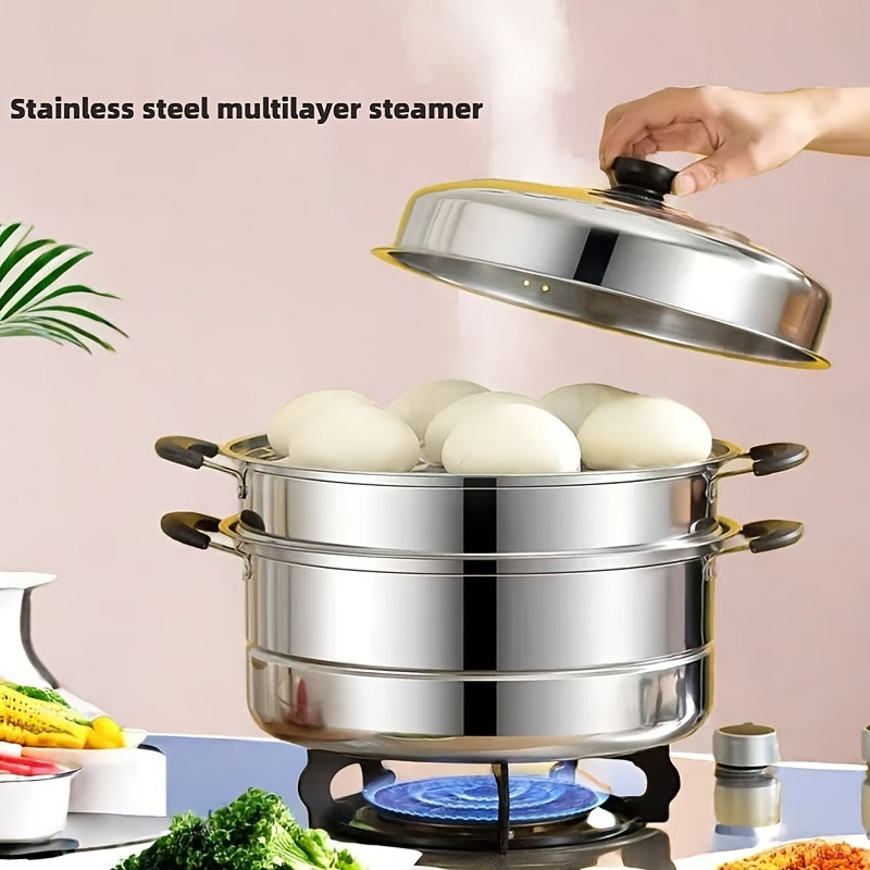 Stainless Steel Double-Layer Steamer Pot with Lid for Induction Cooktops