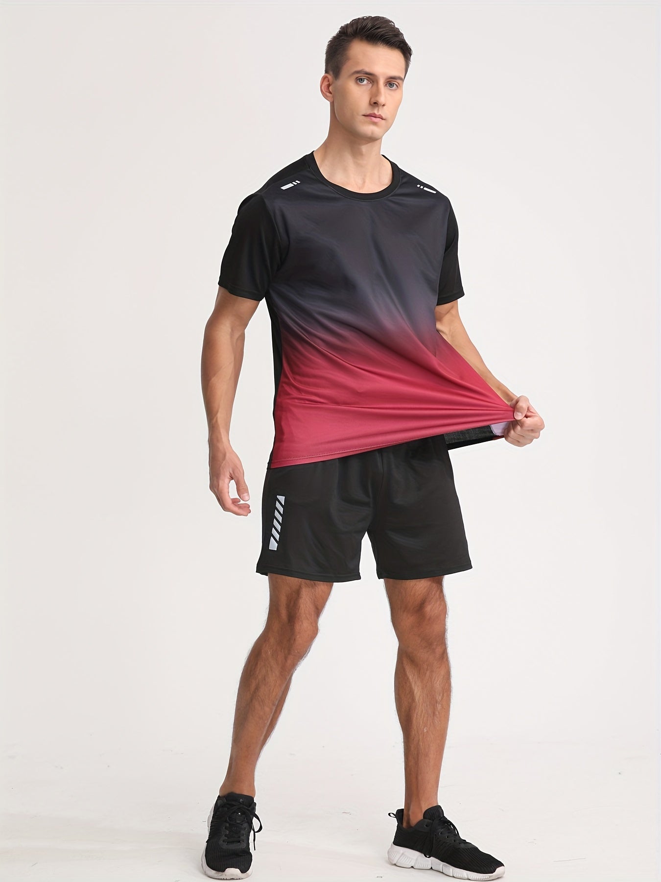 Men's Gradient Color Short Sleeve T-Shirt in Black to Blue Polyester Casual Summer
