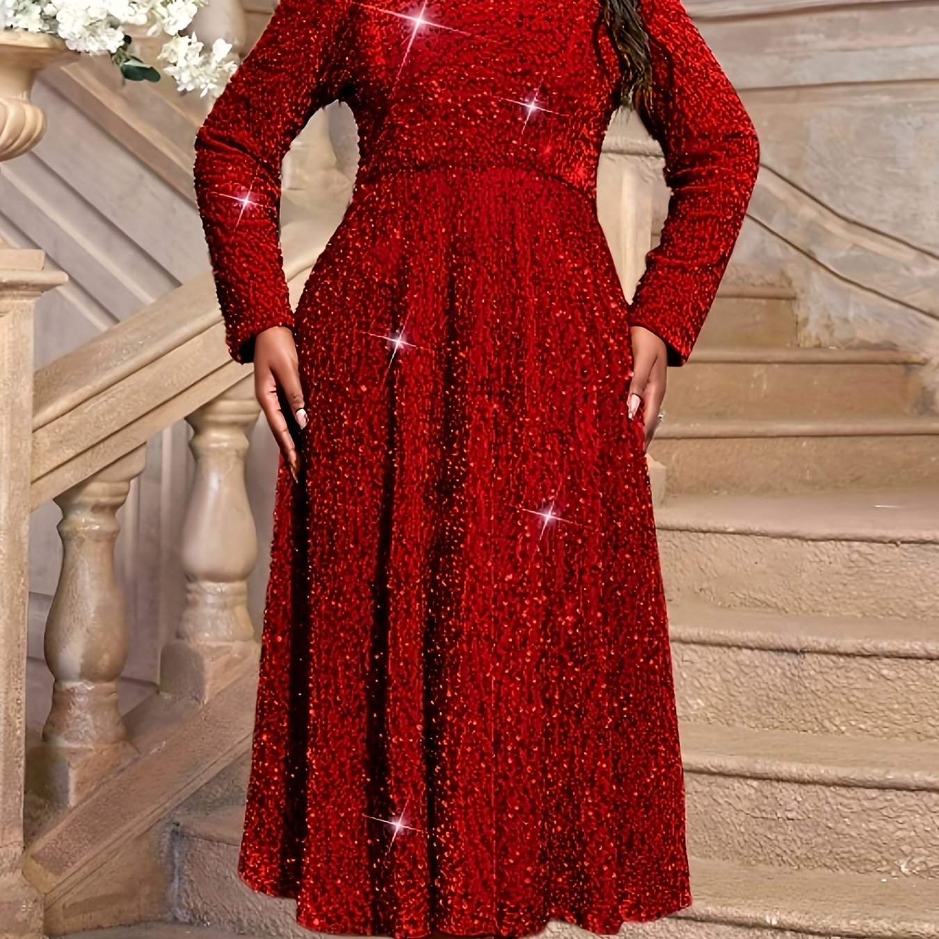 Women's Elegant Sequin A-Line Formal Party Dress with Long Sleeves