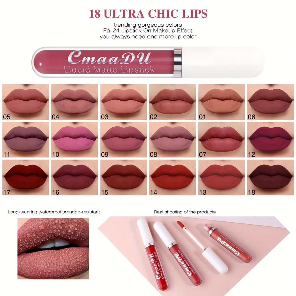 Labial líquido mate impermeable para mujer, 18 colores, hidratante, de secado rápido