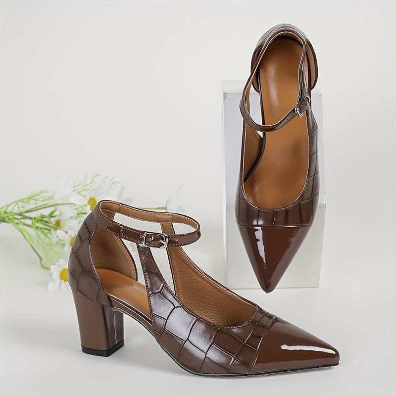 Women's Pointed Toe Chunky Heel Pumps with Ankle Strap Brown